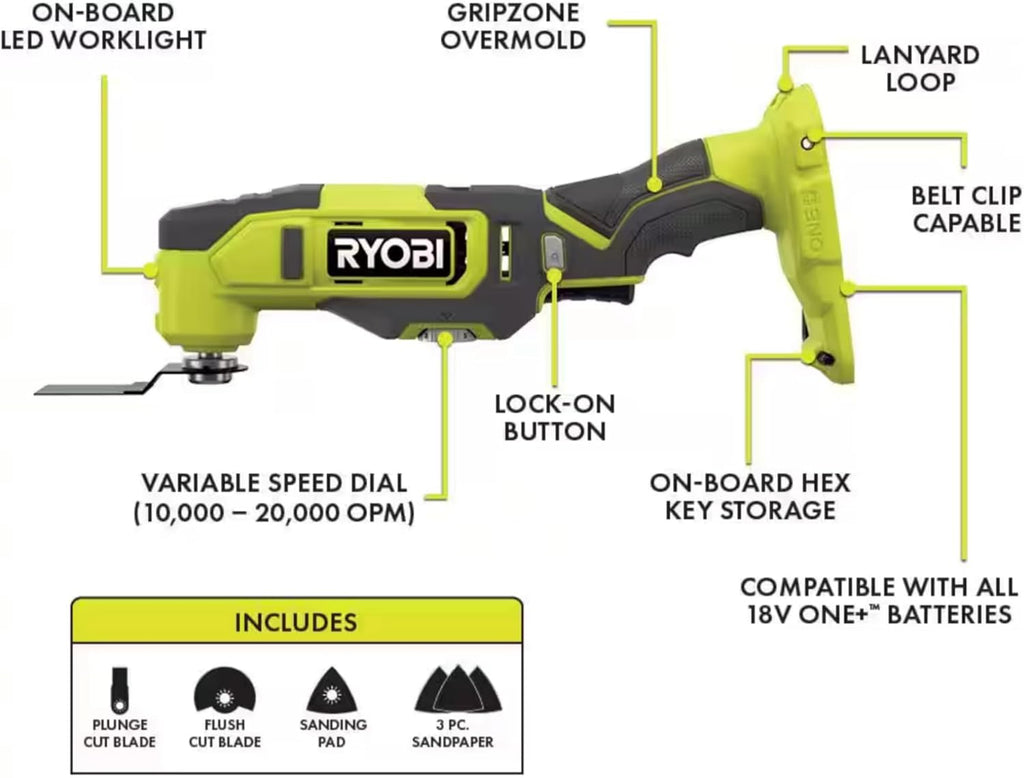 6 Power Tools Combo Kit Bundle with Buho Tool Bag, and Holster, 6 Ryobi Tools, 2 Batteries, Charger, and 40 Piece Drill Bit Set