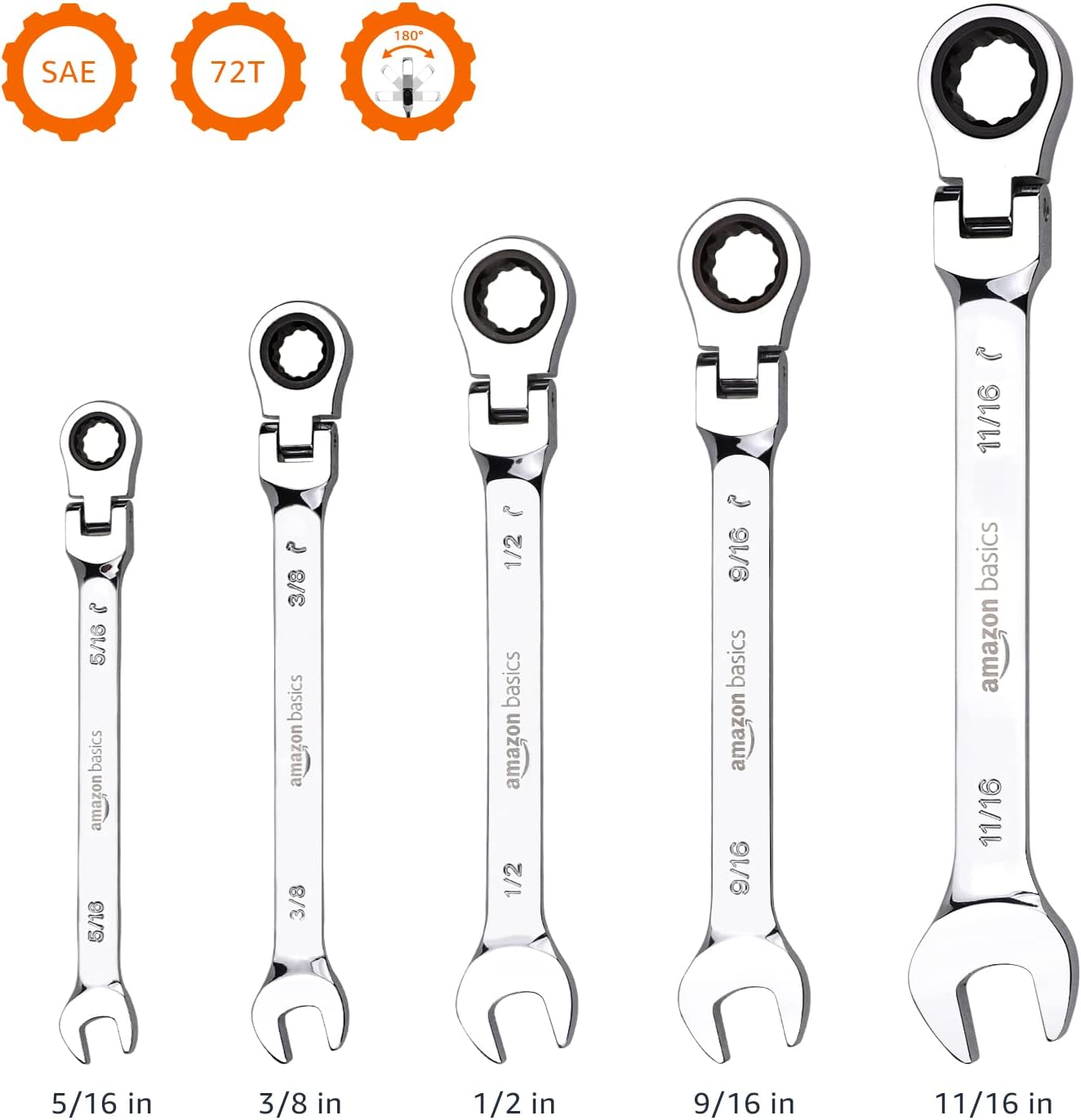 Amazon Basics Ratchet Wrenches Set, Flexible SAE Flex Head, 5-Piece