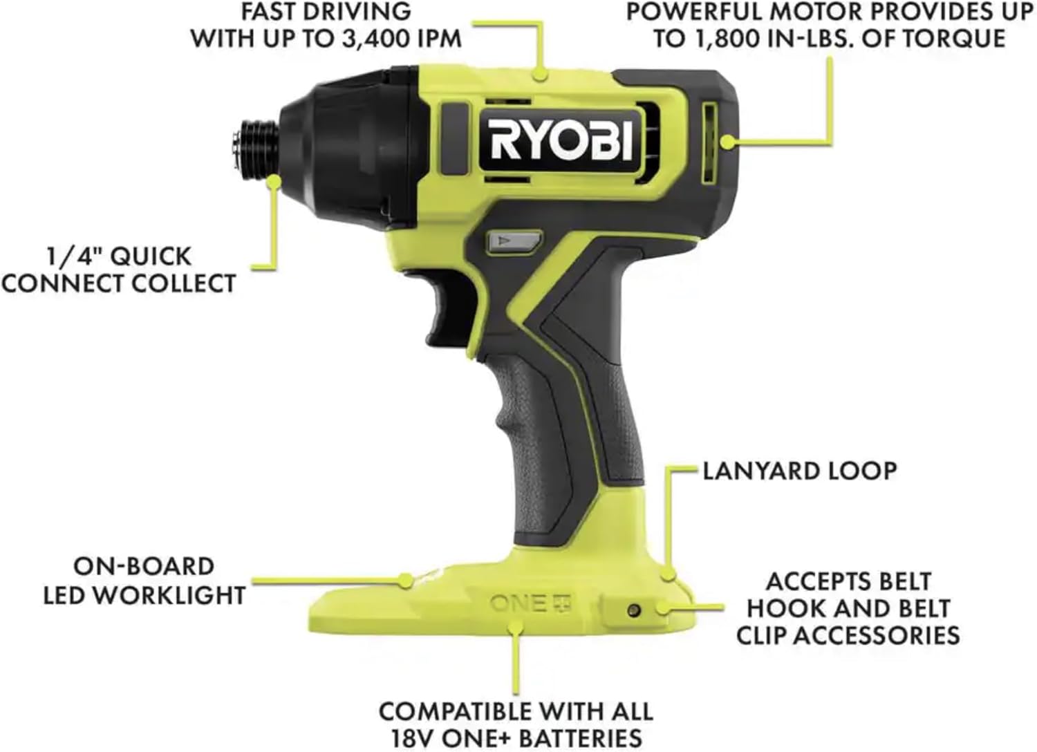 6 Power Tools Combo Kit Bundle with Buho Tool Bag, and Holster, 6 Ryobi Tools, 2 Batteries, Charger, and 40 Piece Drill Bit Set