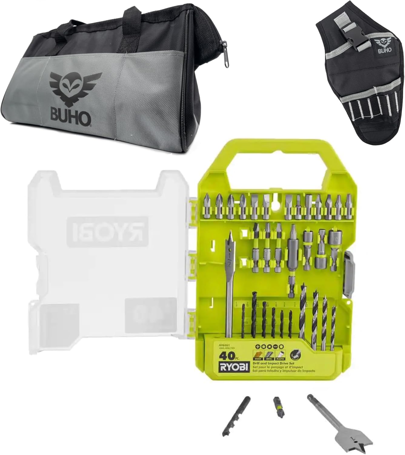 6 Power Tools Combo Kit Bundle with Buho Tool Bag, and Holster, 6 Ryobi Tools, 2 Batteries, Charger, and 40 Piece Drill Bit Set